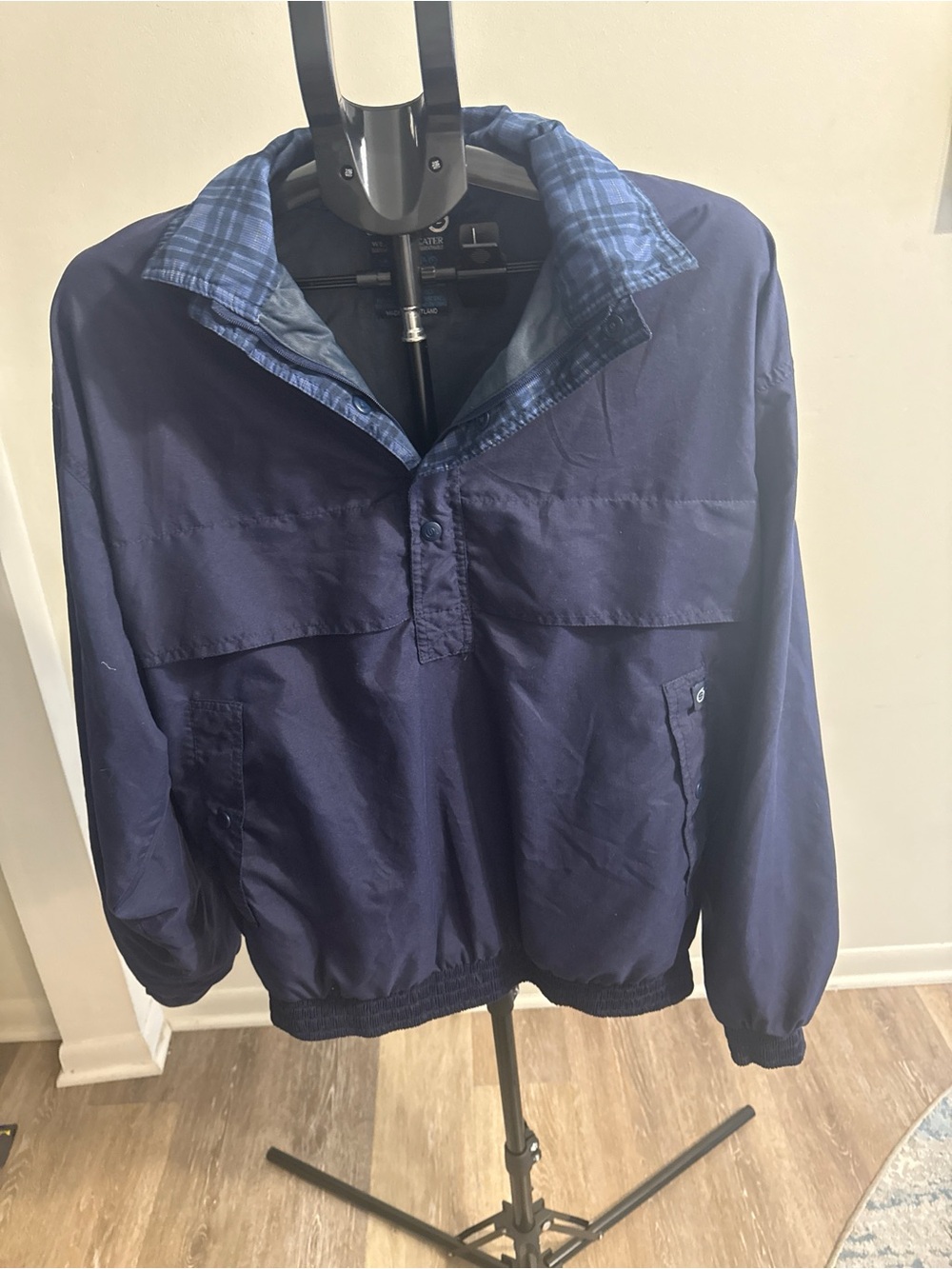 Men's Navy Windbreaker Pullover Jacket with Plaid Collar